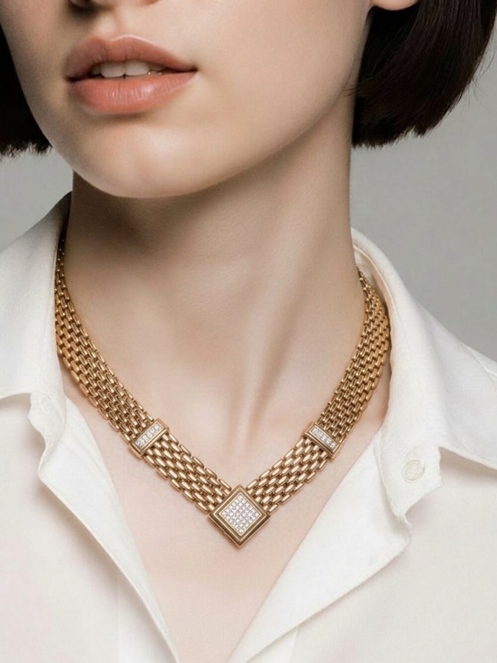 Elegant Rose Gold V Mesh Necklace with Pave Accents
